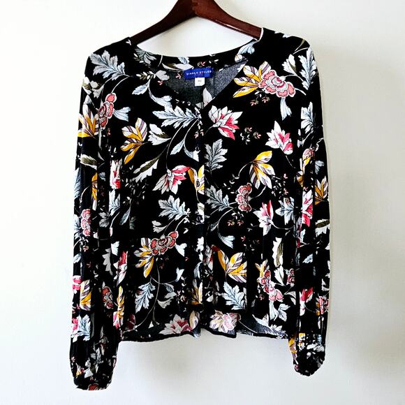 Simply Styled by Sears Size L Black Multi-Colored Long-Sleeved Leaf Floral Desig - Picture 8 of 16